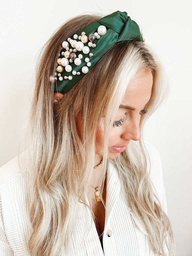 Hunter Green Glam Pearl Headband