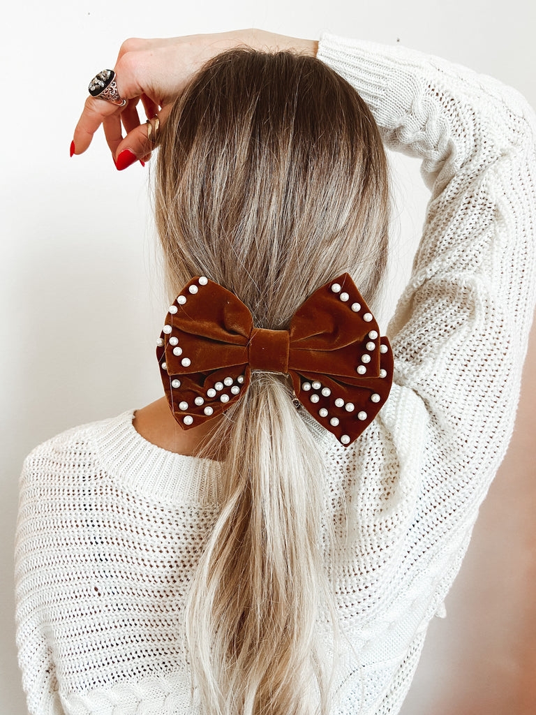 Brown Velvet Pearl Bow