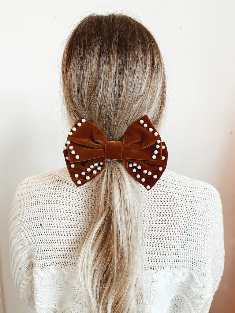 Brown Velvet Pearl Bow